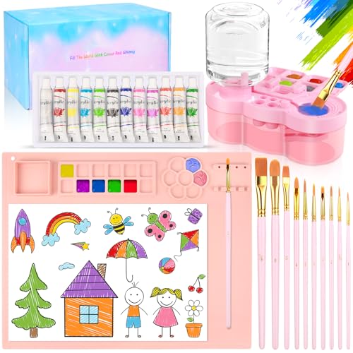Art Painting Kits Paint Station Including Upgraded Paint Brush Cleaner 20X16 Silicone Painting Mat 12 Colors Acrylic Paint Set and 10 Paint Brushes Painting Supplies Kits(Pink)
