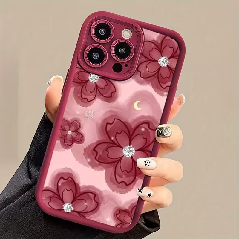 Image of COVERLY Red Floral Back Case Cover for iPhone 12 Pro | 3D Sparkle Diamond Flower Cute Design | Camera Lens Protection | Soft TPU Silicone Aesthetic Print Cover for Girls & Women (Red, Shockproof)