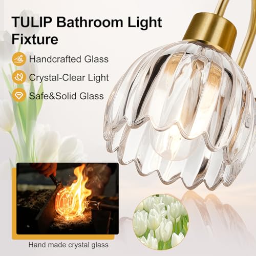 Image of Bathroom Vanity Light (2-Light, 15 in), Brushed Gold Vanity Lights for Bathroom with Ribbed Clear Tulip Glass Shade, Vintage Vanity Wall Lights for Mirror Bedroom Living Room Hallway