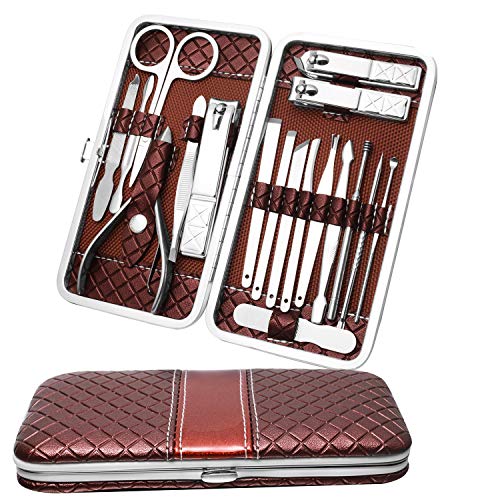 Vaupan Nail Clippers Set Manicure Pedicure Tools, 18 Pieces Professional Stainless Steel Fingernail Cutter & Grooming Kit, Gift for Men & Women with Portable Travel Leather Case (Brown)