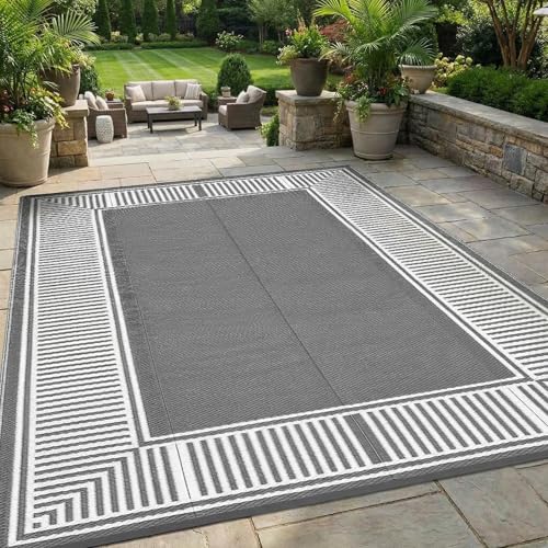 GAOMON Large Outdoor Camping Rug 9x18 Modern Bordered Reversible Outdoor Carpet, Foldable Retro Plastic Straw Rug, Portable Outside Patio Rugs Floor M