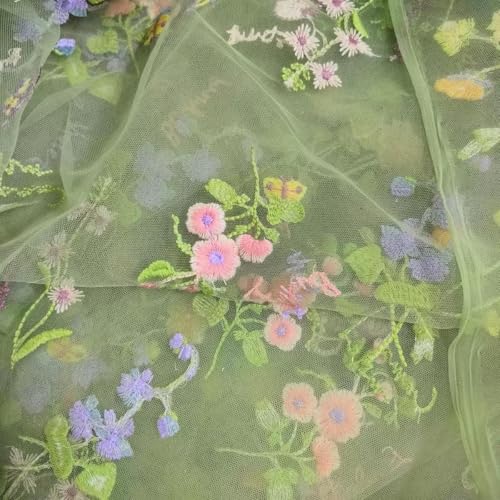 Eleganter Weißer Spitzenstoff mit Buntem Blumenstickerei, 35x51in - Weicher Tüll für DIY-Kleider & Hochzeitskleider, Nur Handwäsche (Grün, 1 Yard...