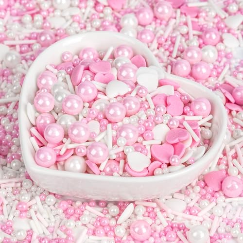 Image of Edible Heart Sprinkles for Cake Decorating,White Pink Pearl Sugar Jimmies Mix Size 130g /4.58oz,Baking Candy Decorations,Cupcake Toppers,Cookie Donuts Ice Cream Dessert Decorating,Wedding Birthday Party Supplies