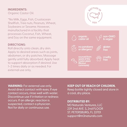 Image of Organic Cold Pressed Castor Oil Roll-On Nourishing Treatment| Hexane-Free, USDA Organic Idea for Hair, Skin & Brows | Mess-Free Applicator, 3 fl 0z (89 mL) by M3