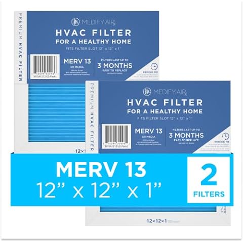 Medify Air 12x12x1 Filter - MERV 13 HEPA Air Cleaning for Pollution, Smoke, Allergies, Dust (2-Pack) - Pleated HVAC AC Furnace Air Filters Replacement - Actual Size: 11.81 x 11.81 x 0.79 Inches Cover