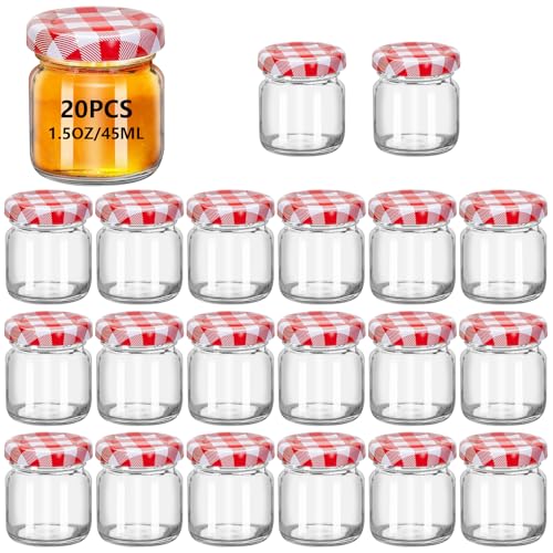 20Pack 1.5 oz Round Mini Clear Honey Jars for Wedding Favor, Baby Shower,45ml Small Glass Favor with Airtight Lids, Gift Jars, Sample Body Butter, Jam, Spices, Herbs, Candy, Candle (Red grid lid)