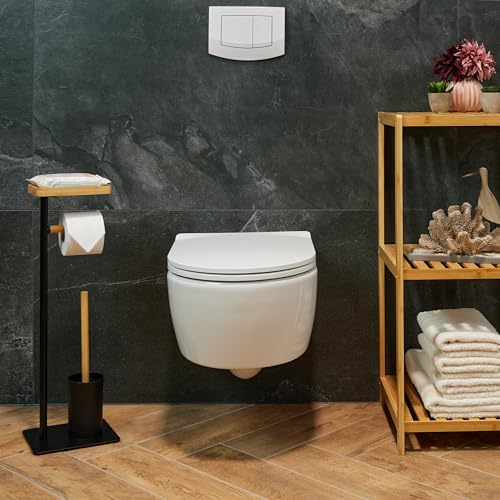 Relaxdays Zestaw do WC, bambus, żelazo, wolnostojący uchwyt na papier toaletowy, szczotka toaletowa z uchwytem na szczotkę, czarny/naturalny