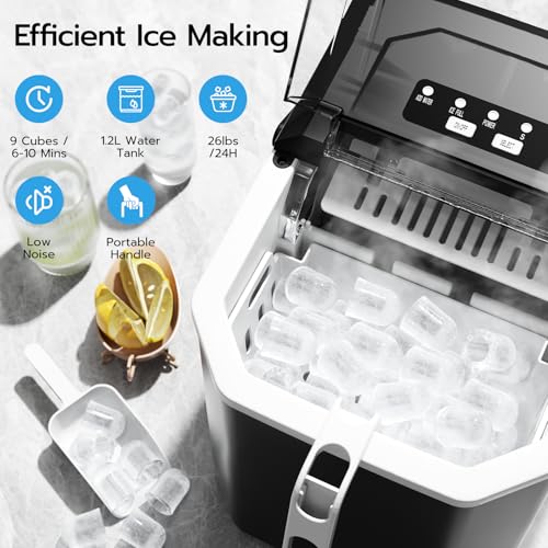 ZAFRO Countertop Ice Maker, 26Lbs/24H, 9 Bullet Cubes in 6 Mins, Self-Cleaning Portable Ice Machine with 2 Ice Sizes (S/L), Quiet Compact Design, Double Handles, for Home, Party, RV, Camping, Black