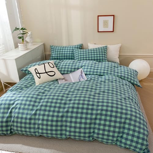 Image of EAVD Modern Style Grid Plaid Duvet Cover King Soft Cotton Blue Green Grid Plaid Bedding Set with 2 Pillowcases Reversible Checkered Geometric Duvet Cover with Zipper Closure