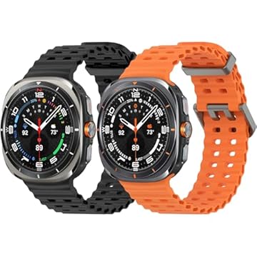 Pacote com 2 pulseiras esportivas de silicone oceânico para Samsung Galaxy Watch Ultra de 47 mm, pulseira ajustável respirável macia à prova d'água para Galaxy Watch 7 Ultra (preto/laranja)