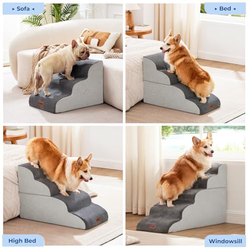 ZOMISIA Dog Stairs Ramp for Bed 19.7\" H - Pet Stairs for Small to Medium Dogs to Get on Bed and Couch, 35D Foam Dog Steps with Non-Slip Bottom Grey, 4 Steps - Thumbnail 2