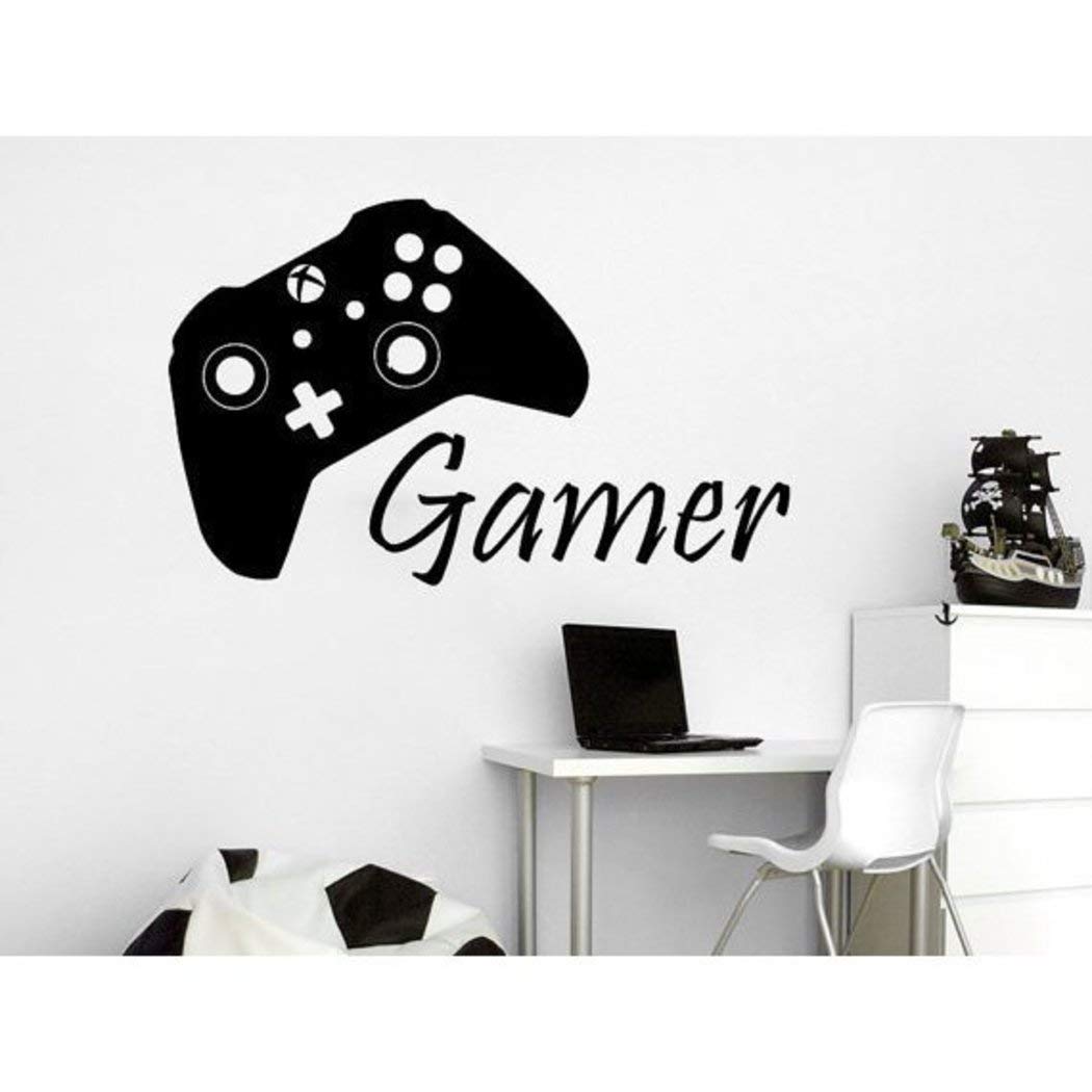 Unkk Kids Black Gamer Wall Decal, Video Game Themed Wall Stickers Peel Stick, Fun Controller Paddle Xbox One Joystick Abstract Self Adhesive Decorative Graphic Mural Art, Vinyl