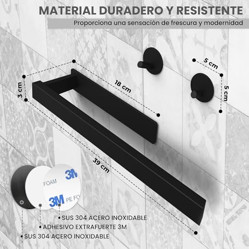 BYSER Toalleros de Baño sin Taladro-Toallero Adhesivo Baño -Set Accesorios Baño Toallero+2 Ganchos para Toallas -Acero Inoxidable 304 Toallero Negro para Baños,Pared y Cocina 39 CM Diseño Moderno - imagen 3