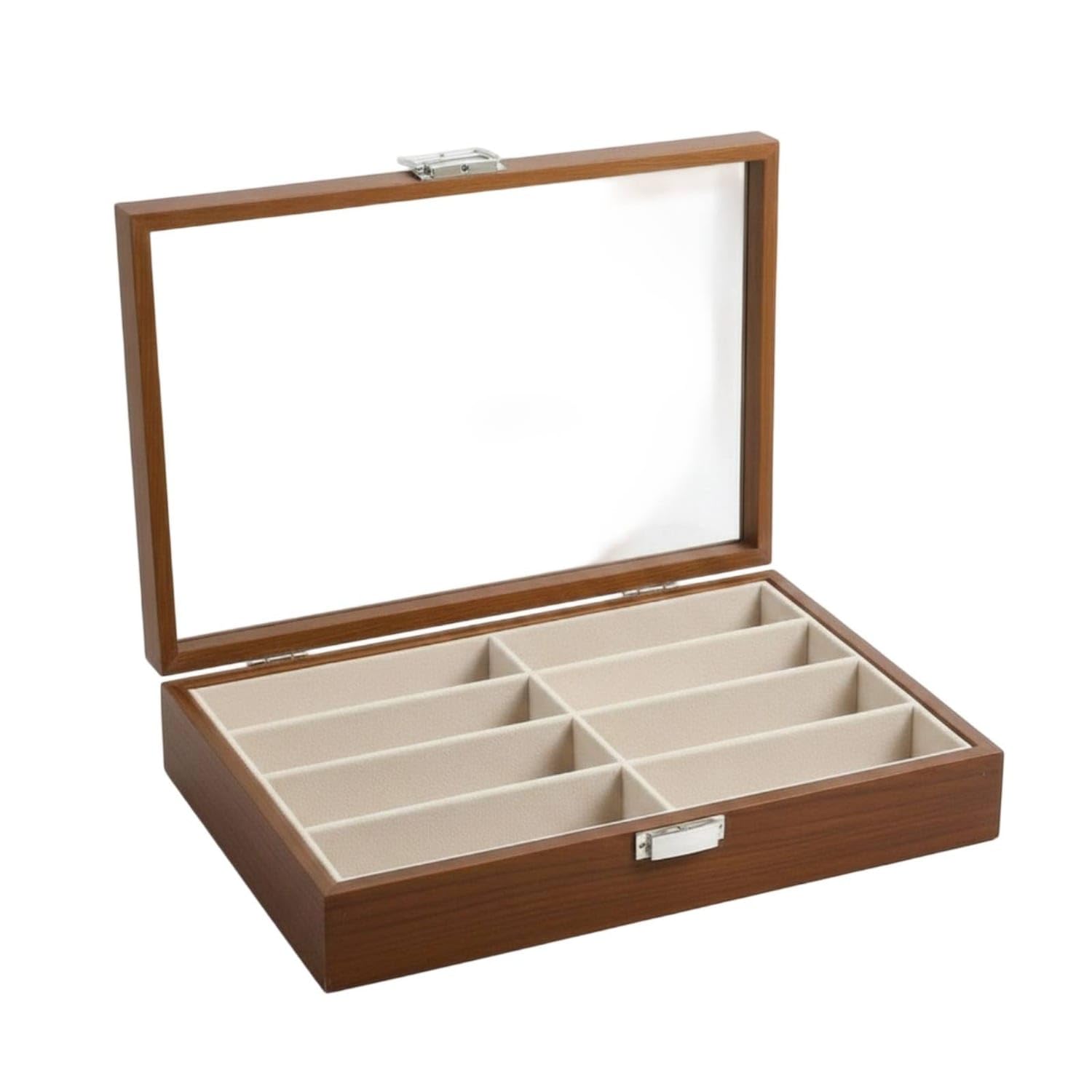 Wooden-Grain Sunglasses Organizer 8-Compartment Sunglass Box with Glass Lid Dustproof Sunglasses Storage Box Clear for Collectors, Dresser, Closet, Walnut Beige-image-6