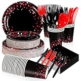 560Pcs Black and Red Party Decorations Red Dot on Black Plates Napkins Cups Forks Knives Spoons Disposable Paper Tableware Set for Birthday Wedding Baby Shower Halloween Party Supplies Serve 80