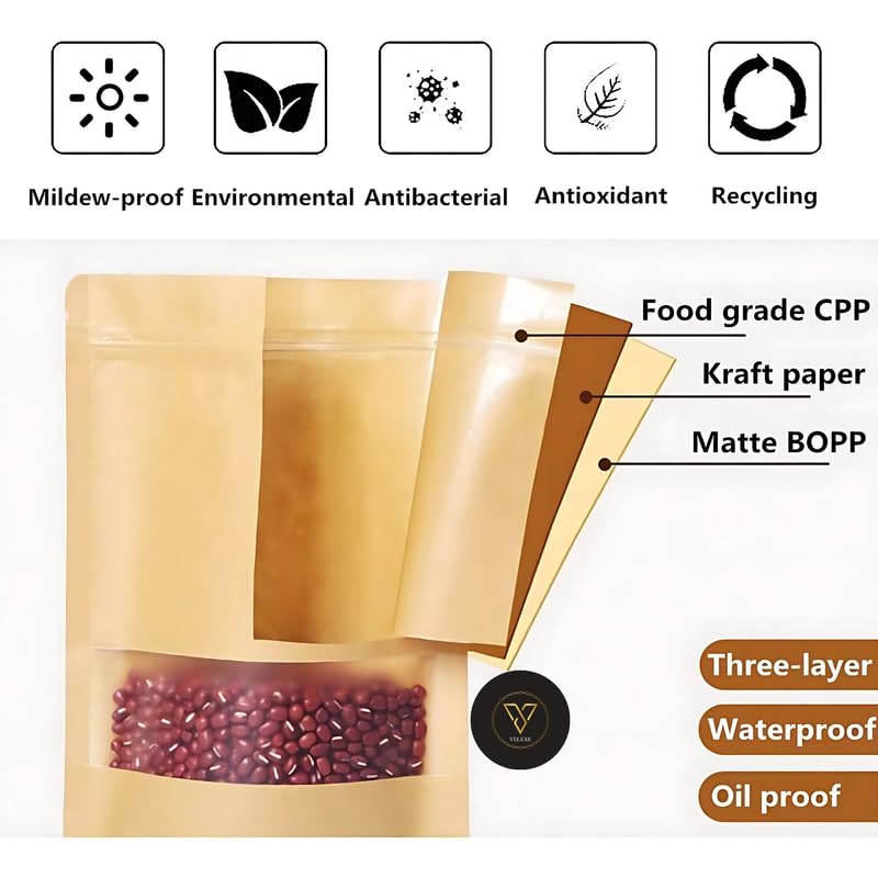 Image of Brown Kraft Paper Zip Lock Stand Up Storage Pouches | 260mm*350mm | 2.5 KG | Pack of 10 | Reusable & Airtight Storage Pouches with Transparent Rectangle Window & Self Sealing Technology