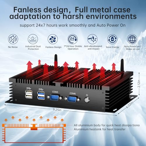 Image of Industrial Mini PC, Fanless Desktop Computer Celeron 2955U 1.4GHz, Windows 10 Pro, 8GB RAM, 128GB SSD, 2xNICs, 6xCOM RS232, 4xUSB 3.0, HDMI /VGA Ports, Full Metal Case