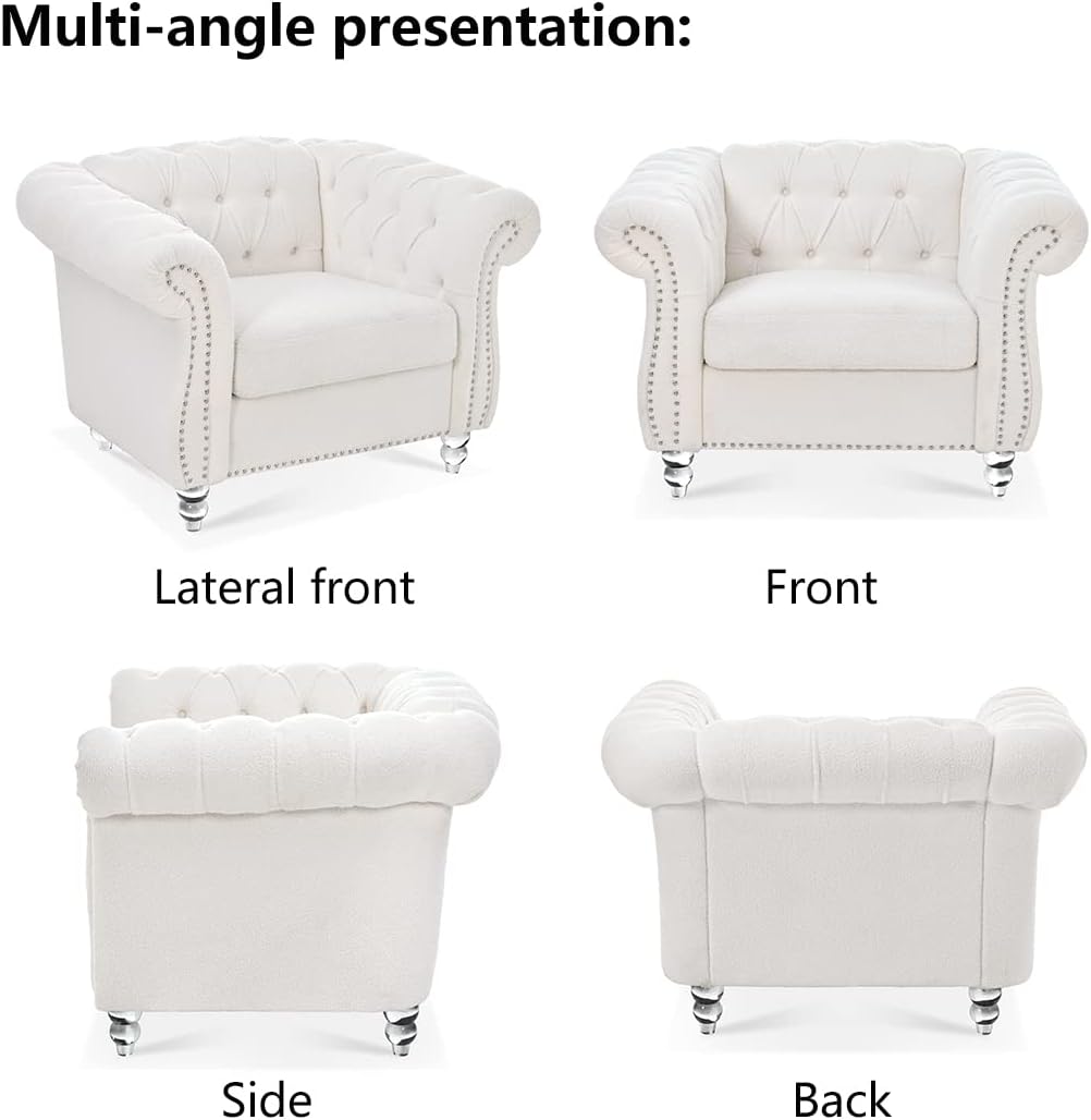 Modern Chesterfield Armchair Fabric, Rolled Arm Tufted Back Accent Chairs, Upholstery Nailhead Trim for Living Room Office (White)
