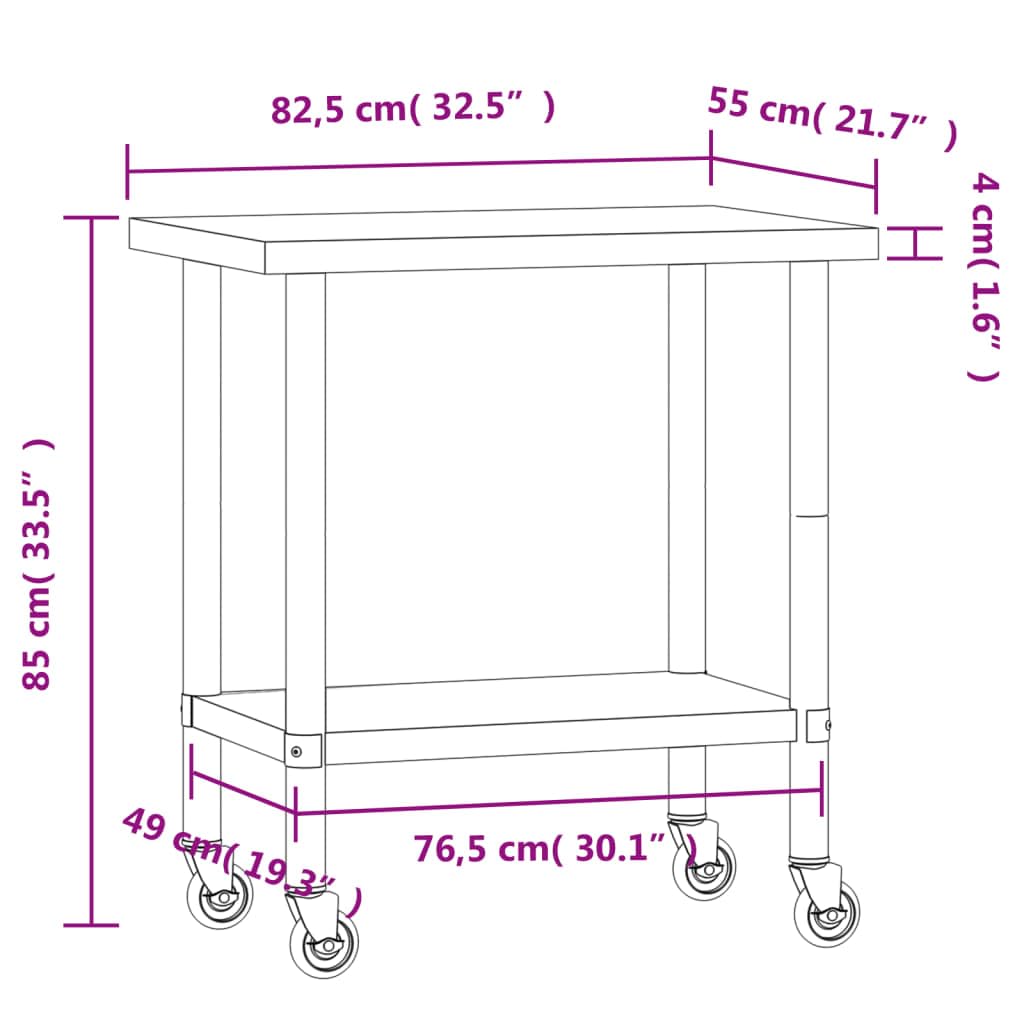 vidaXL Tavolo da Lavoro Cucina con Ruote 82,5x55x85 cm in Acciaio Inox