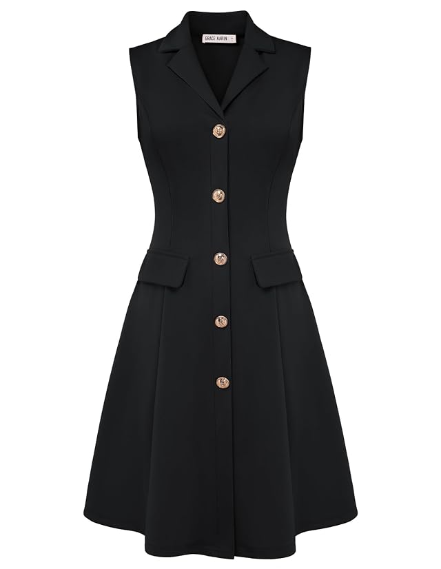 GRACE KARIN Work Dresses for Women 2026 Sleeveless Button Business Midi Dress Notch Lapel V Neck Formal Office