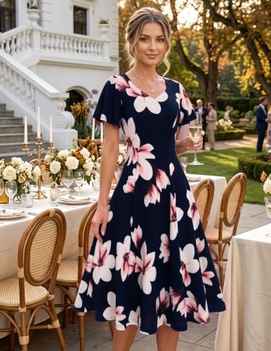 Image of HomRain Wedding Guest Dresses for Women Vintage Short Sleeves Casual Fit and Flare Cocktail Formal Dress for Tea Party
