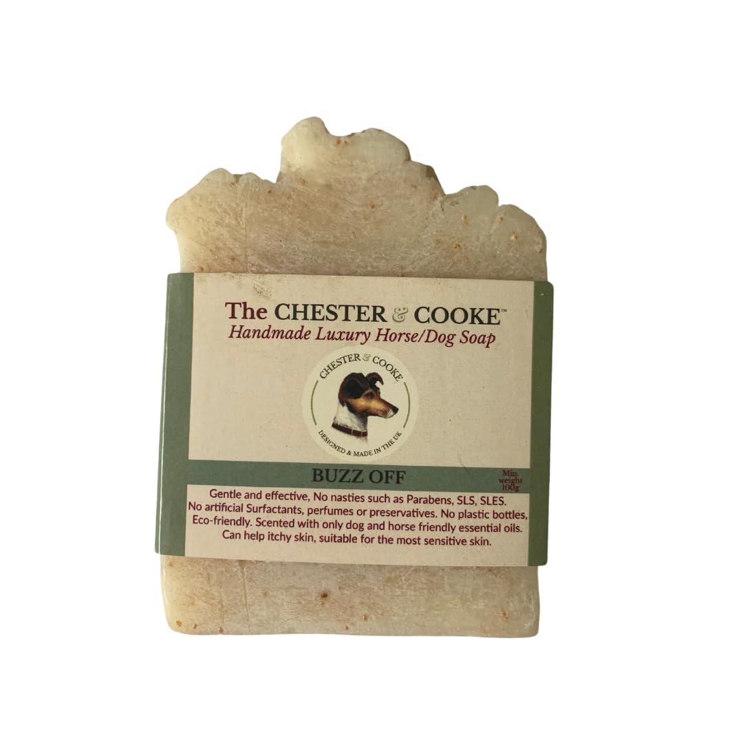Solid Bar of Handmade Horse & Dog Soap by Chester & Cooke - Soap on a Rope For Dogs & Horses - Horse Shampoo For Sensitive Skin - Choice of Scent & Size (100g, Buzz Off)