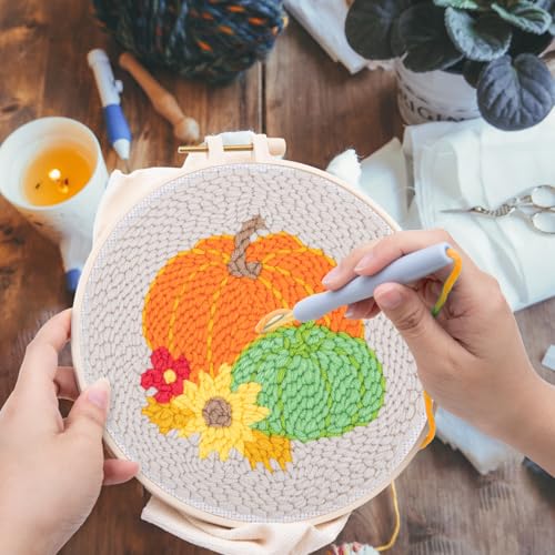 Image of Louise Maelys Beginners Punch Needle kit,Embroidery Starter Kits for Adults,Rug Cross Stitch Tool Including Handle Pen,Cloth,Hoop,Threads and Instruction-Pumpkin Pattern