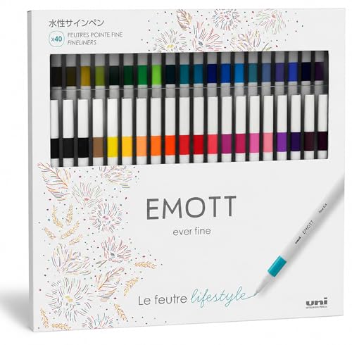 uni-ball - Mitsubishi Pencil - Coffret Emott 40 Feutres d'Écriture et Dessin Fin - Pointe Fine Blanche de 0,4 mm - Encre Pigmentée Résistante - Pour Ecrire, Dessiner, Tracer dans Style