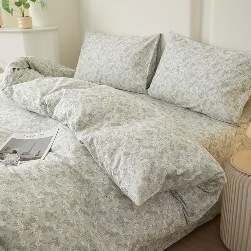 Image of VM VOUGEMARKET Twin Duvet Cover Set with Green Flower Pattern,Pure Cotton Bedding Set Vintage Floral Prints Comforter Cover Conquette Cottagecore Bedding for Teen Girls