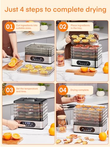 FOHERE Food Dehydrator, 5 BPA-Free Tray Dehydrators for Food and Jerky, Fruit, Herbs, Meat, Dog Treats, 48H Timer and 95-158°F Temperature Control, 400W Dehydrator Machine, 11.42" Stackable Trays - Thumbnail 6