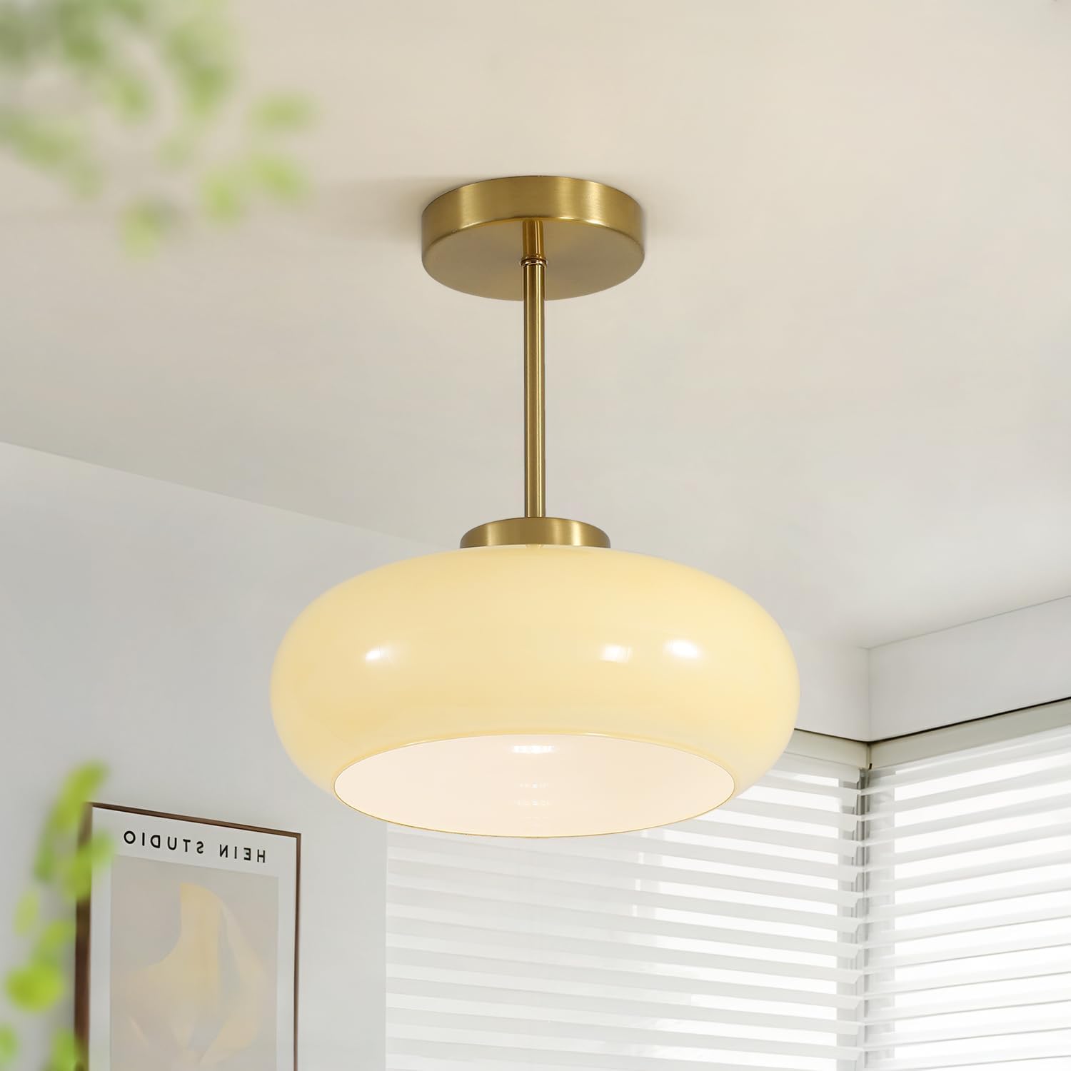 BOKT Large Yellow Glass Semi Flush Mount Ceiling Light Antique Brass Ceiling Light Dome Glass Close to Ceiling Light Vintage Ceiling Light Fixture Cream Schoolhouse Single Ceiling Lamp, BC1125-Y