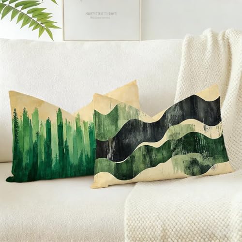 Funda Cojin 30x50 Juego 2, Verde Cojines Exterior Jardin Impermeable Lino Fundas de Almohada, Abstracto Cojines Cama Decorativos, para Primavera Decorativos Salón Dormitorio, Regalos Mujeres D-135