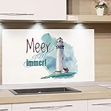 GRAZDesign Spritzschutz Küche Herd, Leuchtturm mit Spruch, Küchenrückwand aus Echtglas, Wandschutz Glasbild 4mm ESG Glas / 100x50cm