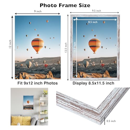 Image of JCJMY 9x12 Picture Frame Rustic White for Wall Hanging, Wall Mounting Horizontally or Vertically, 9 x 12 Wall Gallery Poster Photo Frame with Shatter Resistant Plexiglass, Rustic White