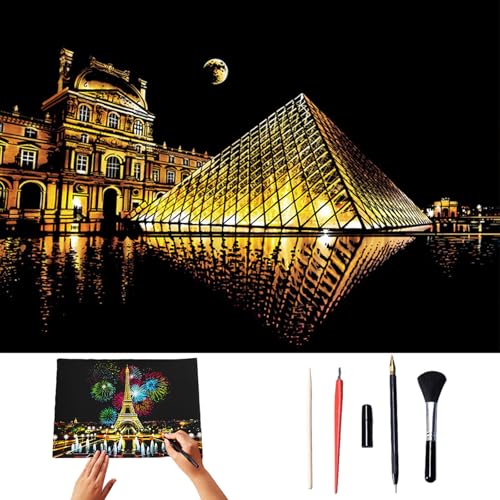 Buoaeoai Scratch Art for Kids & Adults, Colorful Sketches Scratch Off, Scratch Painting for Adults, Scratch Paper Art Rainbow, Paint by Scratch 16 X 11.2 Inches (Louvre)