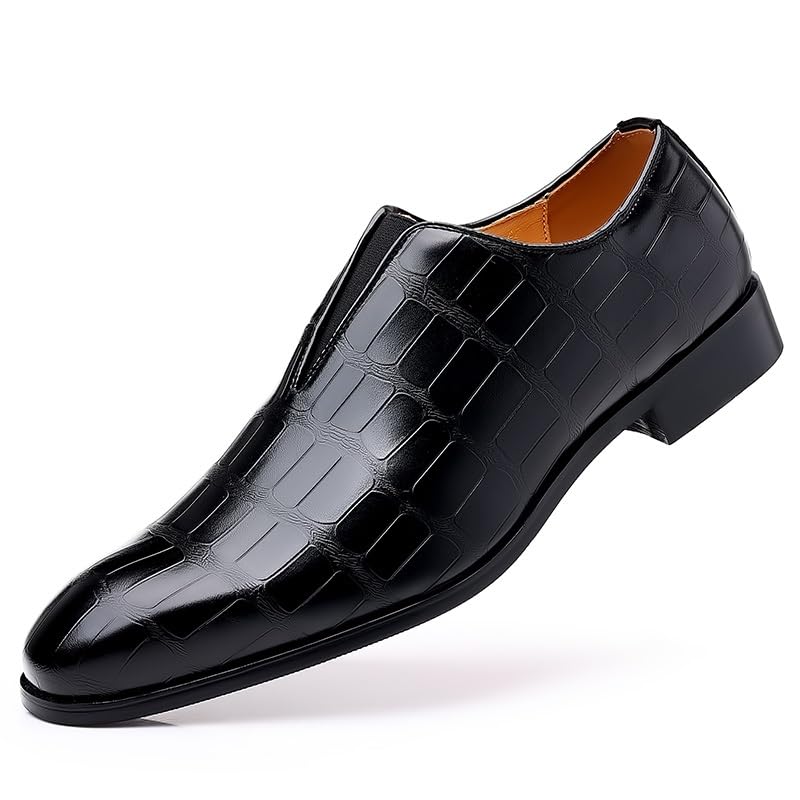 Dress Oxford Shoes for Men Slip On Pointed Burnished Toe Stone Pattern Oxford Shoes Non Slip Low Top Block Heel Anti-Slip Casual