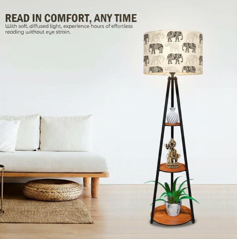 Image of Rellon Floor Lamp with 3 Storage Shelves, Metal FloorLamp for Living Room Standing Home Decoration FloorLamp Shade Reading for,Office,Kitchen,Bedroom (A9)