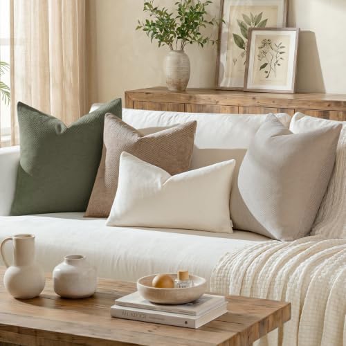 Image of a moment Pack of 2 Decorative Chenille Throw Pillow Covers with Twill Cushion Covers for Sofa Living Room Couch Bed 20x12 Inch Olive Green