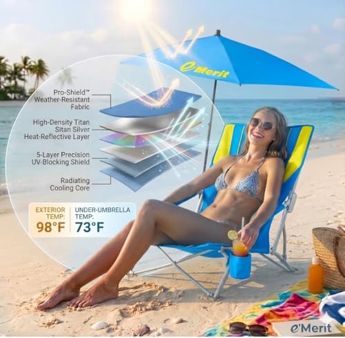 Image of EMERIT Beach Chair with 360 Adjustable UPF 50+ Umbrella, 300 lbs Heavy Duty Capacity Low Profile Sand Chair, 7 lbs Lightweight Backpack Folding Chair for Soccer Sidelines, Concerts & Camping