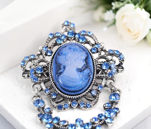 Image of Gyn&Joy Antique Blue Rhinestones Cameo Brooch Pin