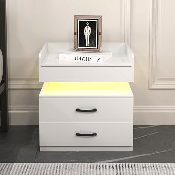 1 Pc Nightstand with Adjustable LED Strip Light, 2-Drawers, Large Storage Space, Suitable for Bedside Table, Coffee Table, Sofa Side Table or End Table for Study Desk White + MDF