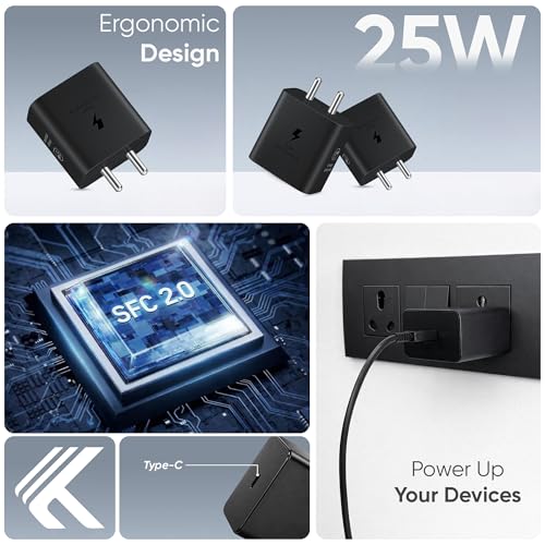 Image of KARWAN 25W Super Fast Charger with Cable [2Yrs Warranty] SFC 2.0 Adapter Compatible with Samsung Galaxy S /A /M /F /Z Series,S25 /S24 /S23 /S22 /S21 /Fe /Plus /Edge /Ultra /Flip /Fold & More, BIS Certified Charger