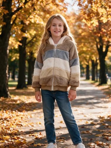 Image of Girls Fleece Jackets Kids Sherpa Fuzzy Zip up Hoodie Fall Winter Contrast color Pullover Sweatshirt 4-12 Years