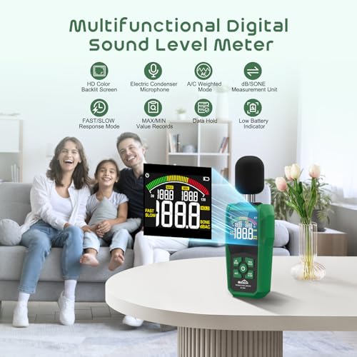 sqech decibel meter digital sound level meter with lcd color screenportable spl meter range 30-130db with ac weightedmaxmindata holddbsone unitfastslow responsefor homeofficefactories