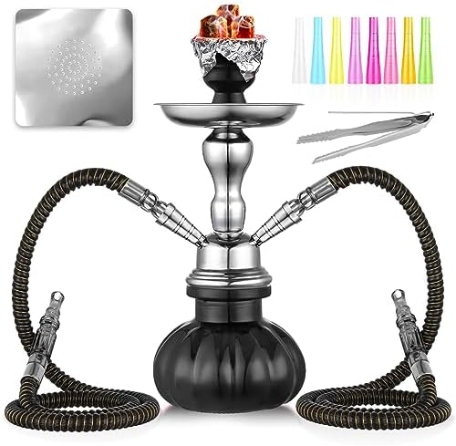 2 Hose Hookah Set 11'' Small Shisha Hookah Set With Mini Pumpkin Glass Vase, Ceramic Bowl, Leather Hose, Coal Tong, 50 Hookah Foil, 50 Disposable Tips (Black)