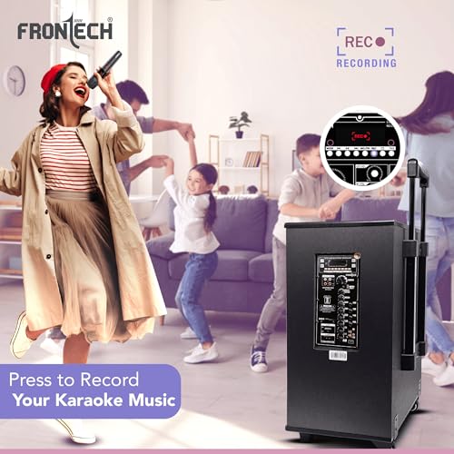 Image of FRONTECH Nocturn Pro Trolley Speaker | 150W Powerful Sound | Dual Wireless Microphones | USB /TF /Bluetooth /FM | Guitar & MIC Input | Rechargeable Battery (SW-0211, Black)