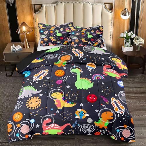 Boys Dinosaur Comforter Set Queen Size, 3Pcs Black Cartoon Dinosaur Bedding Set for Girls Kids Adults Bedroom Decor, Boys Comforter Set for All Season, Lightweight, 1 Quilt with 2 Pillowcases