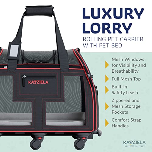 Image of Katziela Rolling Pet Carrier Airline Approved - Pet Carrier with Wheels - Luxury Lorry - Deluxe TSA Approved Cat Carrier with 6 Wheels - Small Airline Approved Dog Carrier Trolley - Plane Carry On Bag