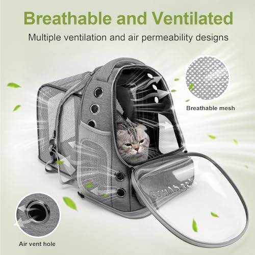 Image of Cat Backpack Carrier, Breathable Cat Carrier Large Space Bubble Pet Backpack for Kitty Small Dog up to 15lbs, Transparent & Foldable Pet Carrier for Travel Hiking (Square Expandable- Grey)