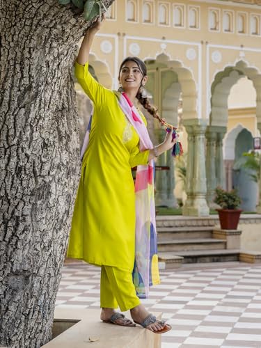 Image of Naixa Women's Viscose Embroidered Straight Kurta with Pant and Dupatta Sets (NK-440)
